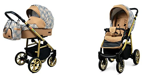 BabyLux Color Lux 2-in-1 Baby Kinderwagen Tief und Kinderwagen mit Zubehör Verstellbar und faltbar Aluminiumkonstruktion Wasserdichte Nicht abnehmbare Räder Gold And Black Houndstooth Gold Frame