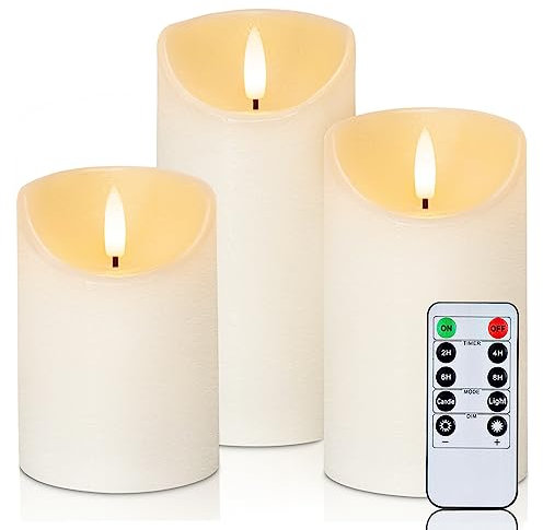 Homemory Flackernden Flammenlose LED-Kerzen mit Fernbedienung und Timer,Strukturiertes Wachs mit Wasserplätschern, Batteriebetriebene Kerzen aus echtem Wachs, Elfenbeinfarben, Dekor, 3er-Set