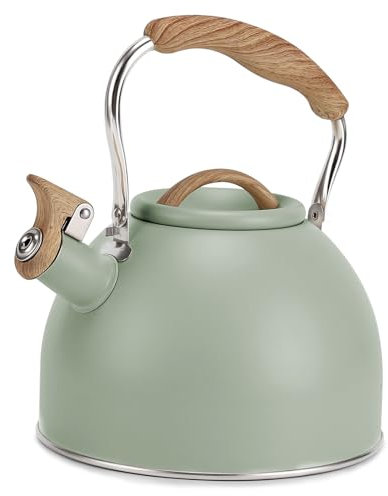 Vegoran Teekessel, 3 Liter Pfeifender Teekessel, Teekannen für Herd, Lebensmittelqualität, Edelstahl mit Holzmuster, Klappgriff, lauter Pfeifkessel für Tee, Kaffee, Milch (Grün)