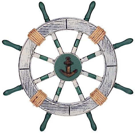 Birendy Holzdeko Steuerrad in Blau Weiß mit maritimen Keramikapplikationen Durchmesser 45cm Perfekte maritime Dekoration (6-Anker-Weiß-Gruen)