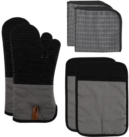 COOK WITH COLOR Silikon-Ofenhandschuhe, hitzebeständige Handschuhe mit weichem gestepptem Futter, Topflappen zum Kochen und Grillen, schwarz, Materialhandschuh-Set