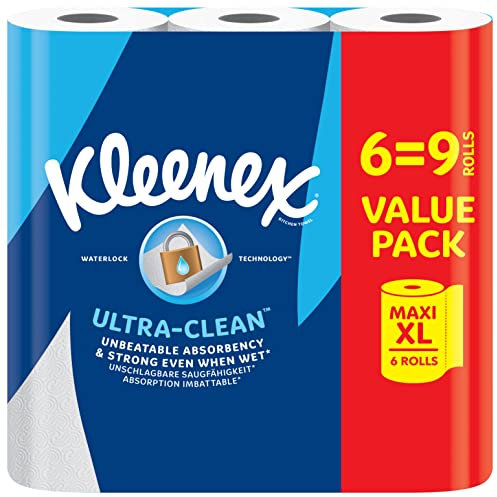 Kleenex Rouleau de cuisine Ultra Clean, 6 rouleaux de cuisine Maxi XL (=9 rouleaux), absorption et résistance inégalées - Papier essuie-tout - Emballage 100% recyclable Blanc