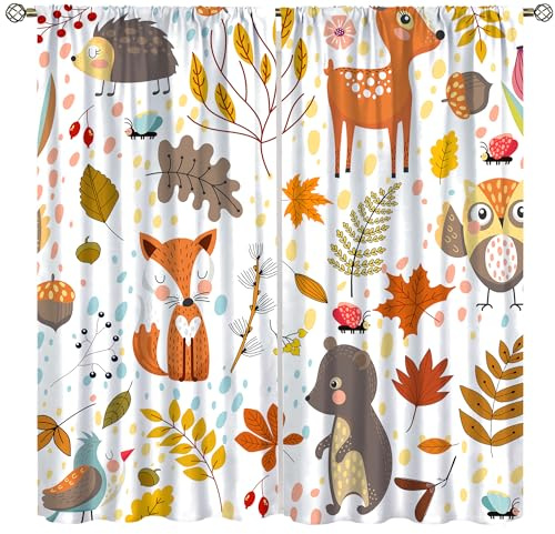 YCness Vorhänge für Kinder, Jungen, Mädchen, Dschungeltiere, Herbst, Wald, Cartoon, Hirsch, Kaninchen, Fuchs, Eule, Muster, Fenstervorhänge für Kinderzimmer, Baby-Schlafzimmer, Spielzimmer,