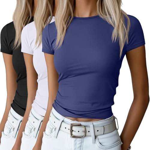 Riyiper 3 Pcs Women's Short Sleeve Crop Tops, Boat Neck Slim Fitted Cropped Shirts Workout Basic Tops, Black, White, Haze Blue, M