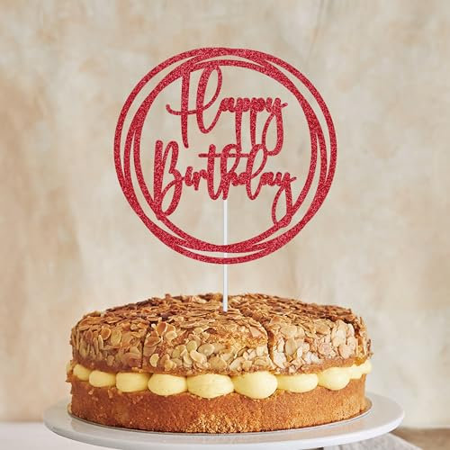 Personalize Pro Happy Birthday - Round Cake Topper, Double Sided Glitter Cake Topper, Cake Topper for Dessert and Party Pastries, Party Decor Girl Boy Kids Women Men, Red
