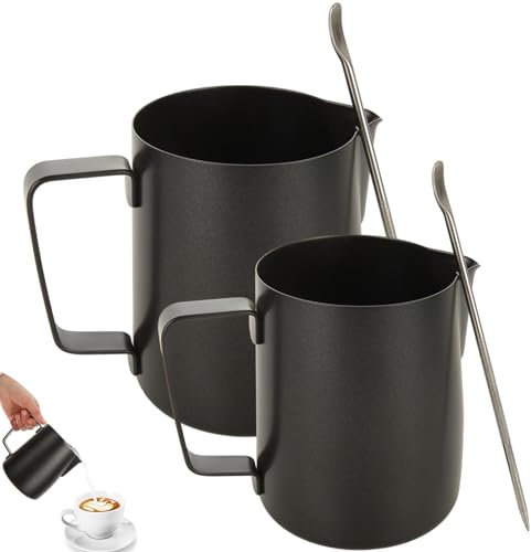 GBACHOOSE 350ml/600ml Milk Frothing Jug, Black Milk Jug for Coffee Machine, Stainless Steel Milk Frothing Pitcher with Art Pen for Cappuccino, Latte