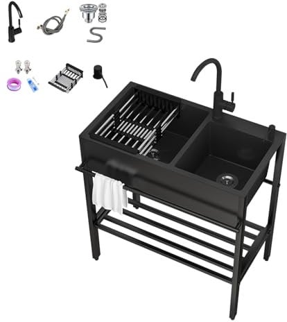 Freestanding Stainless Steel Sink, Outdoor Kitchen Units, Kitchen Sink Units Complete, Portable Hand Wash Station, Commercial Sink, Applicable to Toilets, Restaurants (Color : Noir, Size : 80x45x86c