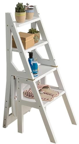 Escabeau Pliant à 4 marches, escabeau Domestique pour Adultes, escabeau de Placard, escabeau léger en Bois avec pédales Larges, présentoir Blanc