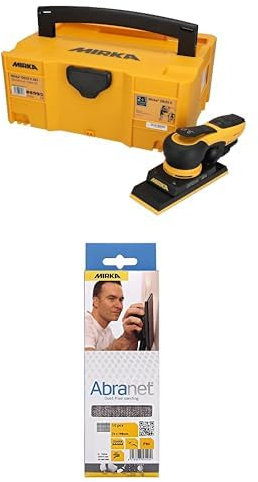 Mirka DEOS II 383 Ponceuse vibrante en coffret 70x198mm 300 W ponceuse à faibles vibrations et Abranet bande abrasive en filet 70x198 mm autoagrippant / grain P120 / 10 pces