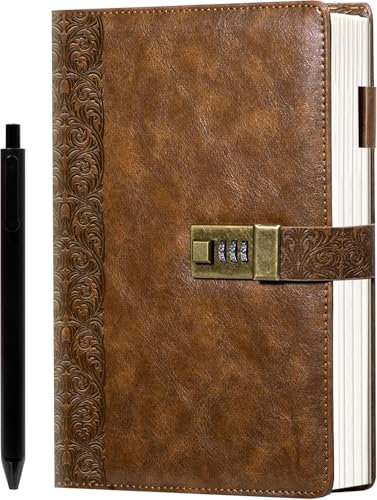CAGIE Vintage Tagebuch mit Schloss 256 Seiten Leder-Tagebuch mit Schlossrückenprägung Hardcover verschlossenes Journal mit Stift, 7 x 9 Zoll verschließbares Journal für Erwachsene Frauen Männer Braun