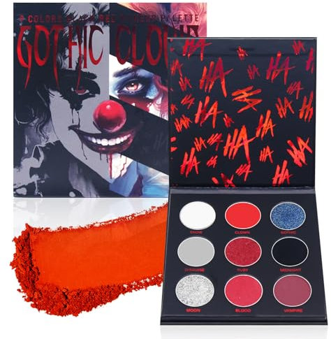 Horuili® Halloween Clown Lidschatten, Clown Schwarzer und roter Lidschatten, 9 Farben Perlglanz-Glitzer-Lidschatten, Halloween Schwarz Rot Lidschatten, Bühnenschminke, Cosplay