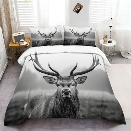 Bettbezug Tiere Hirsch Weiß Grau, Bettbezug mit Versteckter Reißverschluss und 2 Kissenbezug, Weiche Bedruckte Bettwäsche-Set für Kinder Jugendliche Erwachsene 155 cm x 220 cm