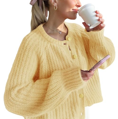 Wyeysyt Damen-Strickjacke, Knopfleiste, langärmelig, Grobstrick, weich, vorne offen, locker, lässiger Cardigan