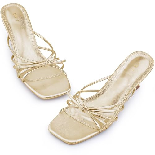 Allegra K Women's Square Toe Strappy Strap Kitten Heels Slide Sandals Gold 4 UK/Label Size 6 US
