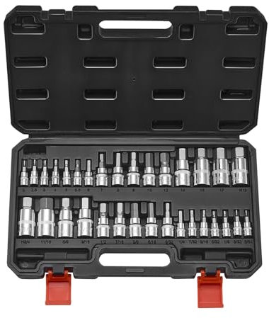 VEVOR Jeu de Douilles Hexagonales 32PCs SAE et Métriques, Douille à Embout en Acier Allié S2 et Acier Cr-V, Entraînements 1/4 po, 3/8 po et 1/2 po (6,35 mm, 9,5 mm, 12,7 mm), avec Coffret, Mécanicien