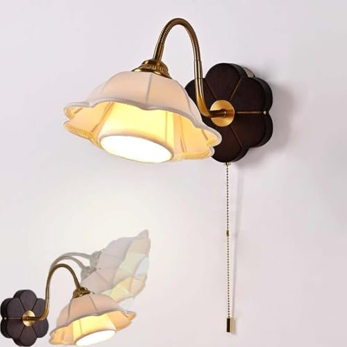 LOGT 8W LED Wandleuchte Stoffschirm 360° Schwenkbar Wandlampe Innen mit Schalter Holz Wandstrahler Dimmbar Florenz Design Nachttischlampe Drehbare mit Zippschalter Wandbeleuchtung 3 Farbmodi