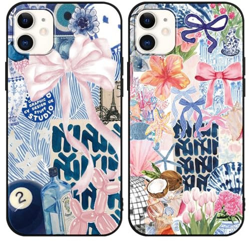 Phoona 2 Pack Cute Bow Case for iPhone 11 6.1, European Collage Preppy Summer Girly Design Pattern for Girls Women, Slim Soft Silicone Shockproof Bumper Protector Cover, Blue 01