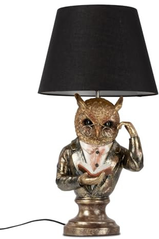 formano Tischleuchte Leselampe Eule mit Buch H:56 cm antikfarben mit schwarzem Lampenschirm - Tischlampe, Lampe, Moderner Deko Stil, Tierleuchte