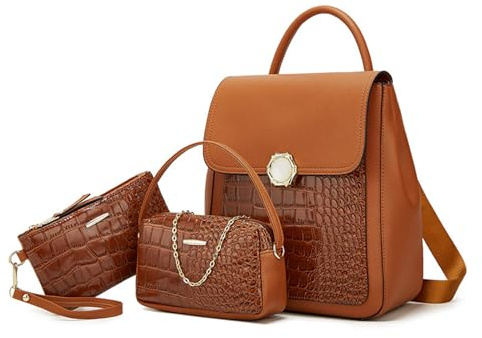 NICOLE & DORIS Rucksack Damen Klein Elegant Cityrucksack 3 in 1 Rucksack und Handtasche Mini Rücksack für Mädchen Lackleder Daypack Tagesrucksack Braun