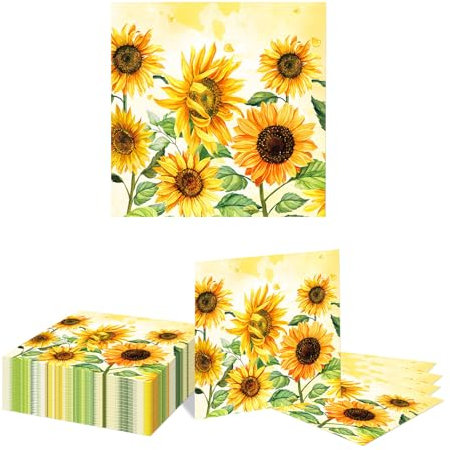 Kotkiddy 40 Blumen Sonnenblumen Servietten Einweg Papier Frühlings Gelbe Sonnenblumen Dessert Servietten für Frühlingsblumen Hochzeit und Baby Dusche
