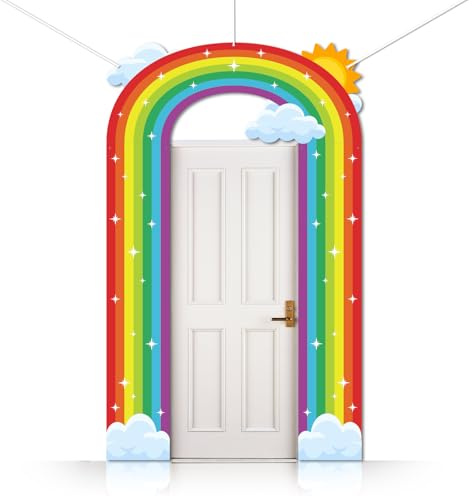 CUTHOLLOW 3 Pcs Rainbow and Cloud Decorations Porch Sign Banner, Rainbow and Cloud Theme Party Decorations Hanging Welcome Door Banner for Photo Backdrop Birthday Lawn Party Supplies