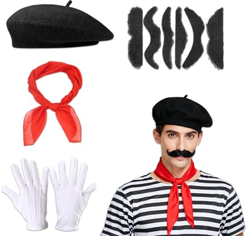 9 PCS Französisches Kostüm Set, Schwarze Baskenmütze Damen Herren, Künstler Kostüm Zubehör, mit 6 Schnurrbärte, Rotes Halstuch, Weiße Handschuhe, Pantomime Maler Outfit für Karneval, Mottoparty