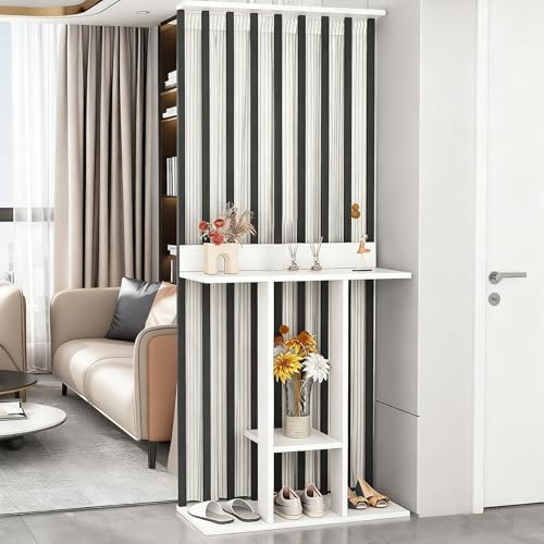 YITAYMLI Innenraum-Wandraumteiler Sichtschutz, moderner Holz-Bücherregalraumteiler mit Vorhängen und offenen Regalen, freistehender Raumteiler für Flur, mehrere Trennwände(Black+White,80cm/31.5in)