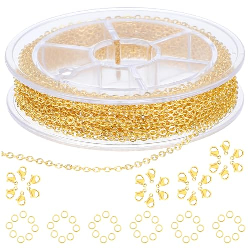 YBEATY 5m Gold Gliederkette Edelstahl Schmuckketten,Basteln Kettenband,Gold | Halsketten Kabel, Metallkette Zubehör, Mit 20 Karabinerverschluss, Und 50 Biegeringe, Sprung Ringe