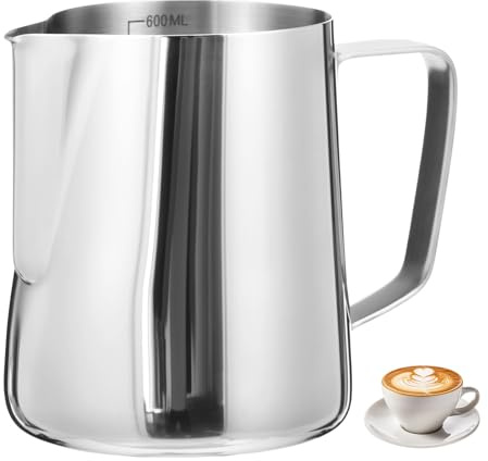 Milk Frothing Pitcher,20oz/600ml Stainless Steel Milk Jug Handheld Coffee Frothing Pitcher Barista Jug Cup with Measurement Mark for Making Cappuccino Latte Coffee Art(Silver,600ml)