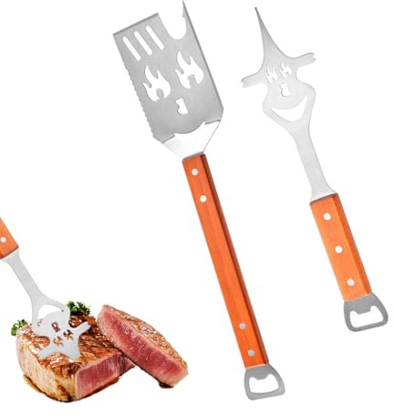 Sqxaldm Set d'Outils De Barbecue 2 Pcs, Spatule 42 cm + Fourche 33 cm, INOX Multifonctionnelle avec Ouvre-Bouteille, Idéal pour Maison, Camping, Pique-Nique (Spatule + Fourchette)