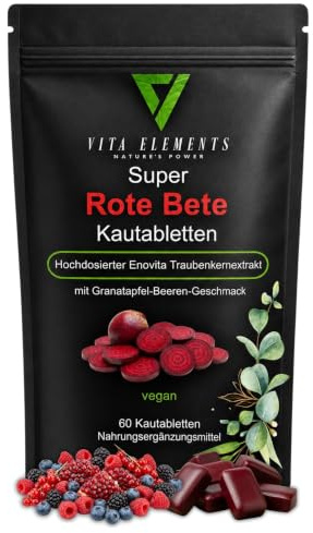 Vita Elements Rote Bete Kautabletten - 60 Stück - mit OPC-Extrakt | Granatapfel Beerengeschmack, hochdosiert, vegan, ohne Zusatzstoffe, laborgeprüft