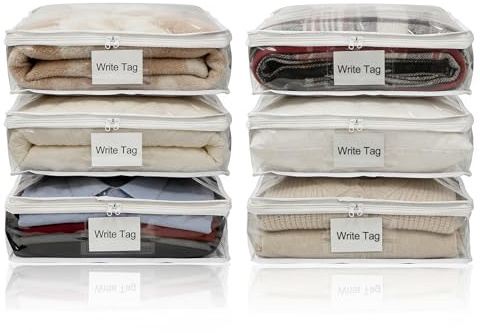 Seuqhck 6 Pack Clear Zippered Plastic Storage Bags, Vinyl Sweater Bags with Zipper, Durable Clothing Organizer Protectors for Blankets, Quilt and Bedding, 39 x 35 x 10 cm