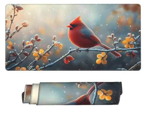 Tapis de Souris XXL Oiseau 700 x 300 x 3 mm, Grand Tapis de Souris Gamer Fleur Jaune sous Main Bureau à Bords Cousus, Mouse Pad avec Base en Caoutchouc Antidérapante pour Maison et Bureau -MP1123