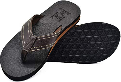 KuaiLu Men's Leather Flip Flops Arch Support Summer Beach Pool Water Thong Sandals Waterproof Rubber Walking Shoes Slip on Orthotic Casual Sport Cushioned Wide Slides Shower Slippers Brown 11