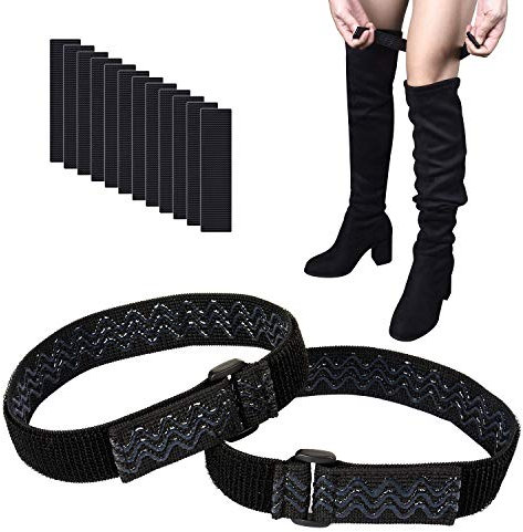 wisdompro Boot Straps, 1 Pair Knee Boot Straps of Elastic Adjustable Belt, Plus Extra 12 Pcs Adhesive Tape Hook Sticker for Fall-off Prevention