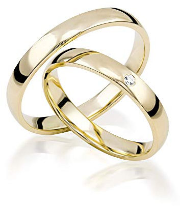 JC Trauringe Gold 750 Paarpreis Poliert I Traumhafte Eheringe 3 mm breit I Einzigartige Partnerringe Gelbgold mit Gravur in edler Schatulle I 2 Hochzeitsringe Herrenring & Damenring mit Stein I J180