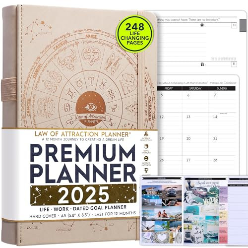 Law of Attraction Planer 2025 – Deluxe-Wochenplaner, Monatsplaner, eine 12-monatige Reise zur Steigerung der Produktivität und des Glücks – Lebens-Organizer, Dankbarkeits-Tagebuch und Aufkleber