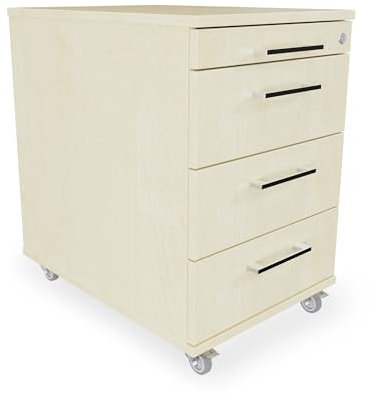 Rollcontainer 3 Schubladen + Materialauszug H 65 x B 43 x T 60 cm, Bürocontainer Holzwerkstoff Farbe Ahorn, Schreibtischwagen abschließbar, Schubladenschrank aus eigener Fertigung