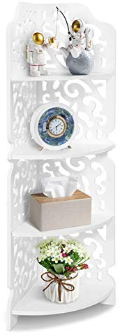 Wakects Eckregal aus Holz für Bücherregal, Eckregal, geschnitzt, 4 Ebenen, für Badezimmer, Büro, Wohnzimmer, Weiß, 80 x 18 x 22 cm