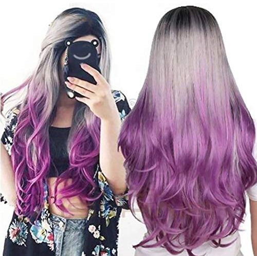 Akemaio Frauen Lange lockige Perücke Schwarz, Grau, Lila Gradient Perücke Ombre Perücke Spitze-Front-Perücke Matte Welle Haken Perücke