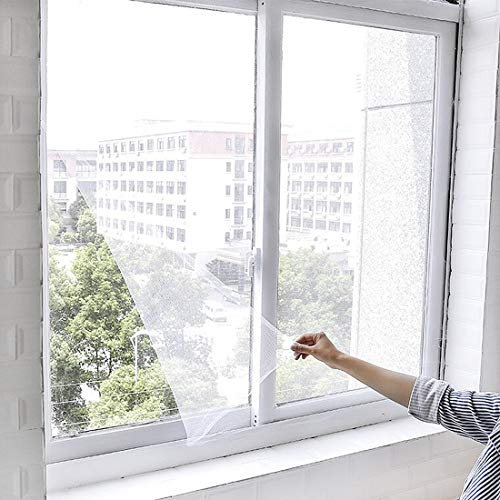 Adjustable Window Fly Screen DIY Insect Mosquito Net Window Mesh Screen Netting with Self-Adhesive Tape Without Drilling and 6 Screen Repair Patches, 2 x 1.5m-Keep Bugs/Flys/Mosquitoes Out (White)