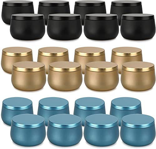 Candle Tin 24 Piece, 8 oz, 3 Color Candle Containers, Candle Jars for Candle Making, DIY Candle Can Set for Candles Making,Christmas Arts & Crafts, Storage for Candy, and Gifts (Black,Gold,Blue)