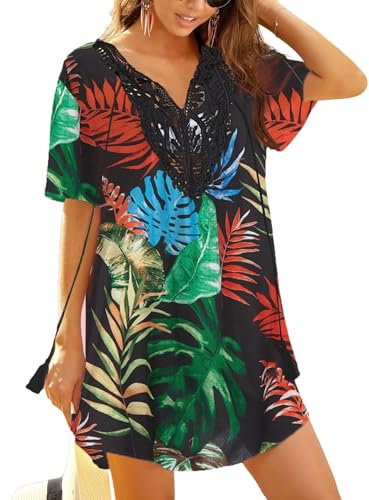 Ekouaer Beach Dress V-Neck Swimsuits for Women Swimsuit Bikini Cover Ups Short Sleeve T Shirts Lace Crochet XXL