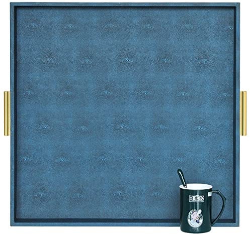 HofferRuffer Extra Large Square Serving Tray, Elegant Faux Leather Ottoman Tray with Gold Hardware Handles, Serve Tea, Coffee or Breakfast in Bed, 24 x 24 inches (Navy Blue Shagreen)