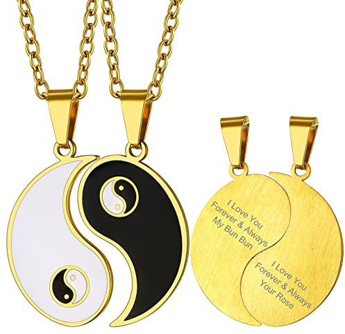 GoldChic 2PCS Yin-Yang-TaiChi Anhänger Amulett mit Wunsch/Namen Gravur Edelstahl Traditionelle Yin-Yang TaiChi Anhänger Halskette im Chinsischem Stil mit 51cm+5cm Kette in Gold Glück Reichtum Schützen