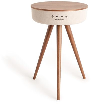 CREATE/Speaker Table 360 / Mesa Altavoz Madera Oscura/Sonido omnidireccional 360º, Bluetooth, Cargador inalámbrico, 7h de autonomía, Formato MP3, WMA y WAV,