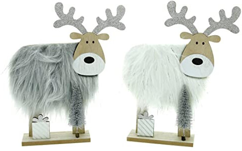 WBWT Elch-Figur Plüsch-Fell, in weiß im Maß 22x16cm, Farbe/Größe wählbar, Rentier aus Holz mit Glitzer Weihnachts-Deko Weihnachten