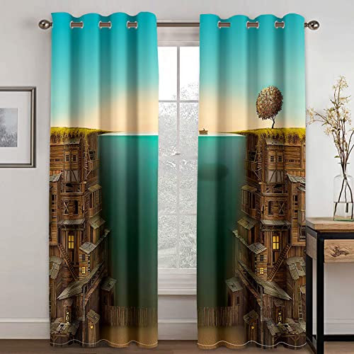 3D Digitaldruck Kreative Maritime Architektur Muster Vorhang, Verdunkelungsvorhang Ösenschal Wärmeisolierung Vorhänge Fensterdekoration für Wohnzimmer Schlafzimmer Kinderzimmer 280X240cm(BxH)