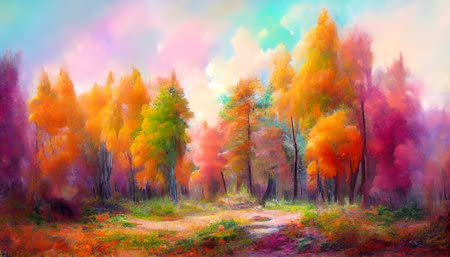 adrium Acryl-Bild 90 x 50 cm: Goldener Herbst im Wald. Helle lebendige Farben. Freihand-Pastellzeichnungsmalerei. Digitale Designerkunst. Abstrakte(192375940)