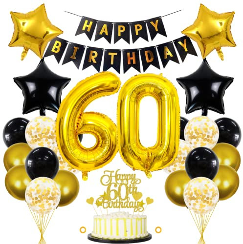 Jxuzh 60. Geburtstag Dekorationen Schwarz Gold - Deko für Männer und Frauen - Luftballons, Girlande, Kindergeburtstag Set - 60 Jahre Jubiläum